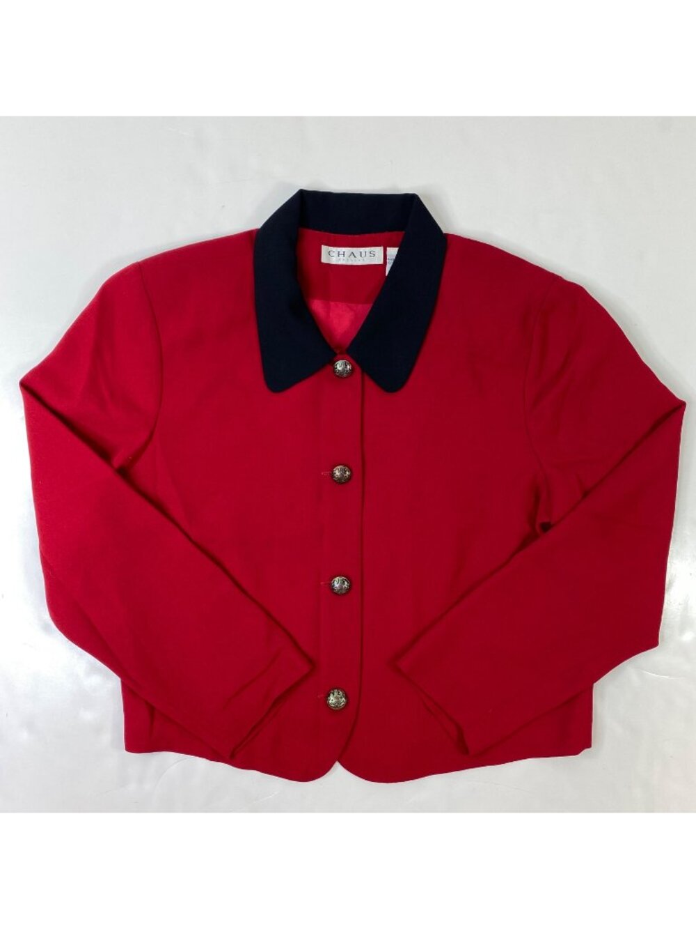 Vintage Chaus Womens Red Black Cropped Blazer Royal Heraldic Button Size 10